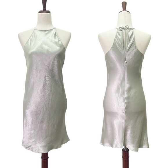 Babaton Lato Halter Mini Slip Dress Silver Sage Green Satin Bias Cut Size Small - Picture 14 of 14